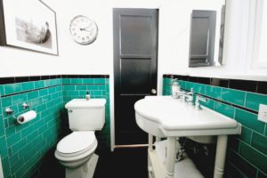 green bathroom, tile, vintage, 1920's, black hex, floor