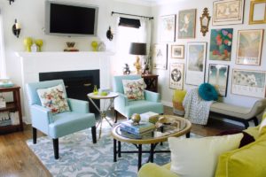 mercedes, turquoise, pasadena, interior design, hgtv, Marilynn Taylor, property sisters, art wall, lime green, sofa, painted ceiling, blue ceiling, colorful