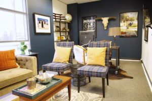 producers office, masculine, interior design, vintage, sophisticated, navy paint, leather, office design, Marilynn Taylor