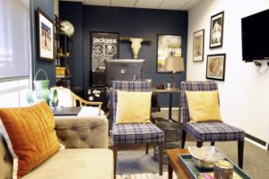 producers office, masculine, interior design, vintage, sophisticated, navy paint, leather, office design, Marilynn Taylor