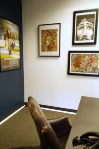 producers office, masculine, interior design, vintage, sophisticated, navy paint, leather, office design, Marilynn Taylor