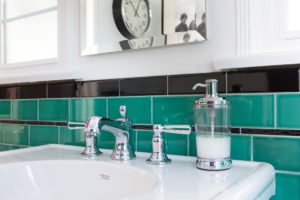 green bathroom, tile, vintage, 1920's, black hex, floor