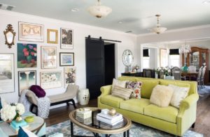 mercedes, turquoise, pasadena, interior design, hgtv, Marilynn Taylor, property sisters, art wall, lime green, sofa, painted ceiling, blue ceiling, colorful