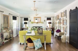 mercedes, turquoise, pasadena, interior design, hgtv, Marilynn Taylor, property sisters, art wall, lime green, sofa, painted ceiling, blue ceiling, colorful