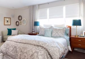 Bedroom, interior design, Marilynn Taylor, teal, gray, west elm, Anthropologie, romantic, blue, design, property sisters