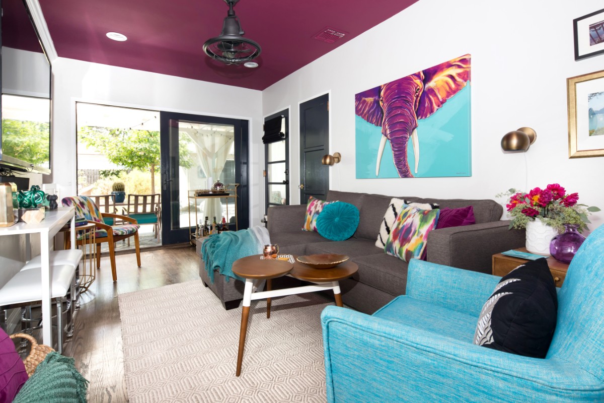 magenta ceiling, purple, elephant, colorful, mid century modern, den, vintage furniture, Apt2B sofa.