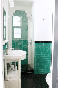 green bathroom, tile, vintage, 1920's, black hex, floor