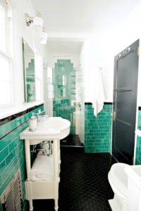 green bathroom, tile, vintage, 1920's, black hex, floor