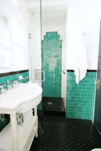 green bathroom, tile, vintage, 1920's, black hex, floor