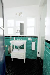 green bathroom, tile, vintage, 1920's, black hex, floor