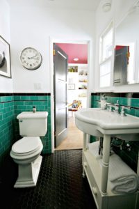 green bathroom, tile, vintage, 1920's, black hex, floor