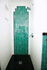 green bathroom, tile, vintage, 1920's, black hex, floor