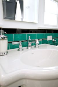 green bathroom, tile, vintage, 1920's, black hex, floor