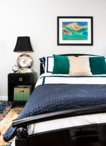 pasadena, bedroom, navy, green, gold, vintage, bedroom