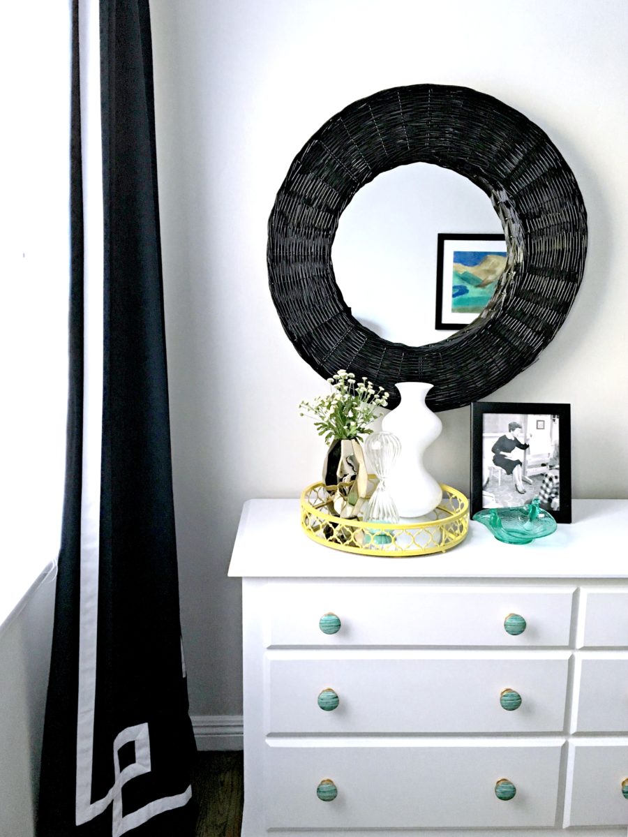 white, black, green, painted furniture, turquoise knobs, green, black mirror, navy curtains, yellow, bedroom