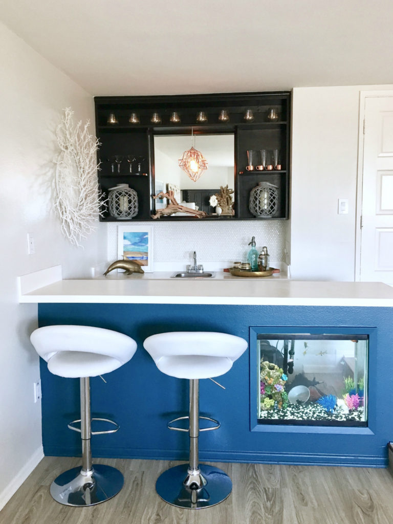 black shelves, modern barstools, white counter, turquoise, blue, teal, beach