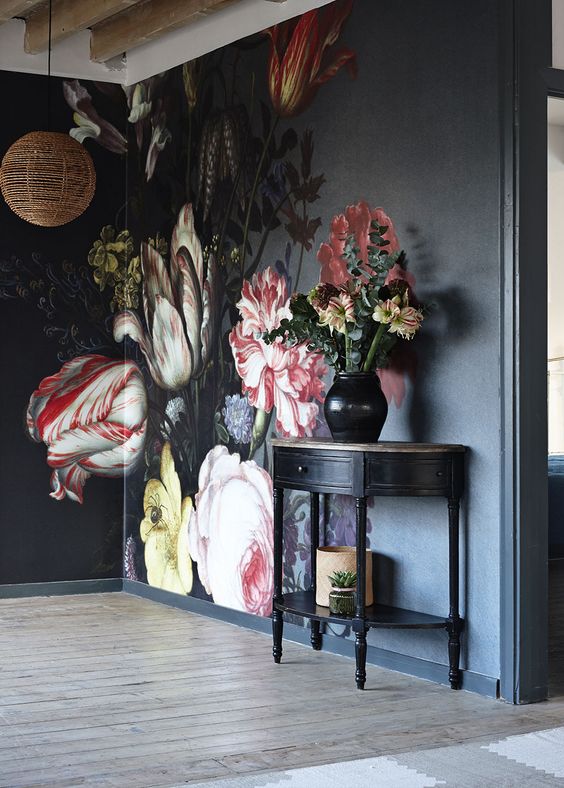 dark & moody, one room challenge, floral, mural, wallpaper, saturated, black walls, office, floral, sophisticated, Marilynn Taylor, Orange county, interior designer, consultant