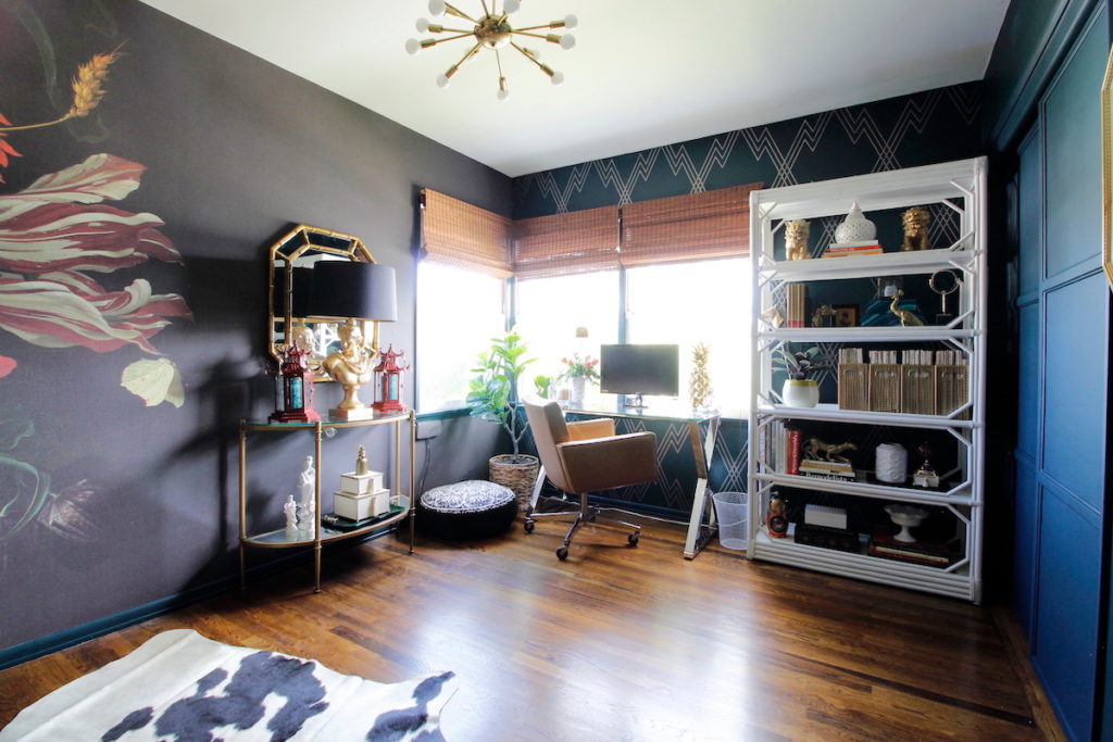 dark & moody, office makeover, one room challenge, floral, mural, wallpaper, saturated, black walls, office, floral, sophisticated, Marilynn Taylor, Orange county, interior designer, consultant, Sherwin Williams, paint, House Beautiful