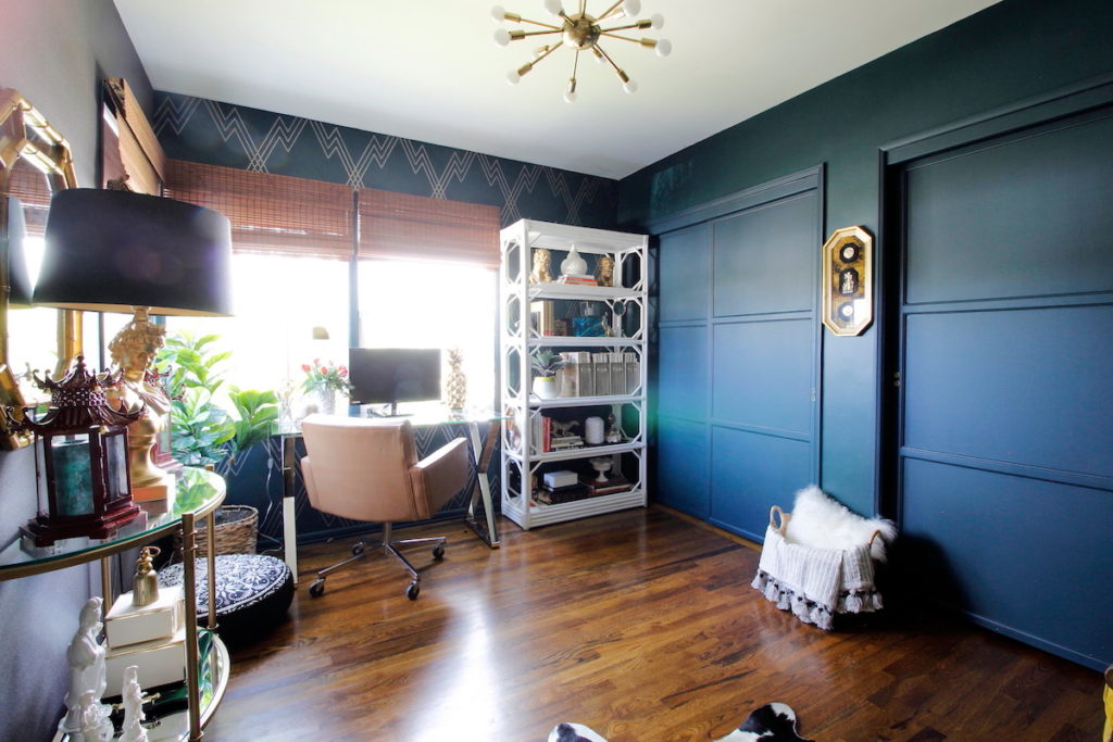 dark & moody, office makeover, one room challenge, floral, mural, wallpaper, saturated, black walls, office, floral, sophisticated, Marilynn Taylor, Orange county, interior designer, consultant, Sherwin Williams, paint, House Beautiful