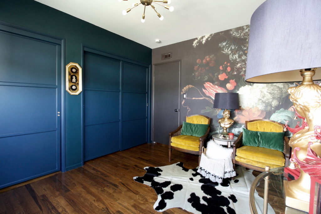 dark & moody, office makeover, one room challenge, floral, mural, wallpaper, saturated, black walls, office, floral, sophisticated, Marilynn Taylor, Orange county, interior designer, consultant, Sherwin Williams, paint, House Beautiful