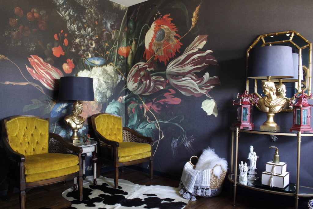 dark & moody, office makeover, one room challenge, floral, mural, wallpaper, saturated, black walls, office, floral, sophisticated, Marilynn Taylor, Orange county, interior designer, consultant, Sherwin Williams, paint, House Beautiful