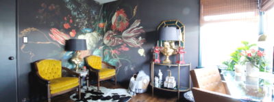 dark & moody office, office makeover, one room challenge, floral, mural, wallpaper, saturated, black walls, office, floral, sophisticated, Marilynn Taylor, Orange county, interior designer, consultant, Sherwin Williams, paint, House Beautiful