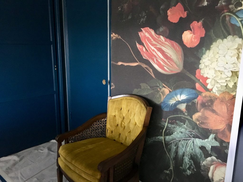 dark & moody, office makeover, one room challenge, floral, mural, wallpaper, saturated, black walls, office, floral, sophisticated, Marilynn Taylor, Orange county, interior designer, consultant, Sherwin Williams, paint