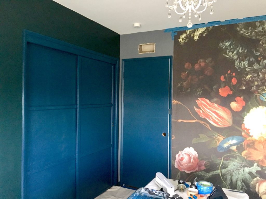 dark & moody, office makeover, one room challenge, floral, mural, wallpaper, saturated, black walls, office, floral, sophisticated, Marilynn Taylor, Orange county, interior designer, consultant, Sherwin Williams, wall mural, murals wallpaper, De Heem, Florals