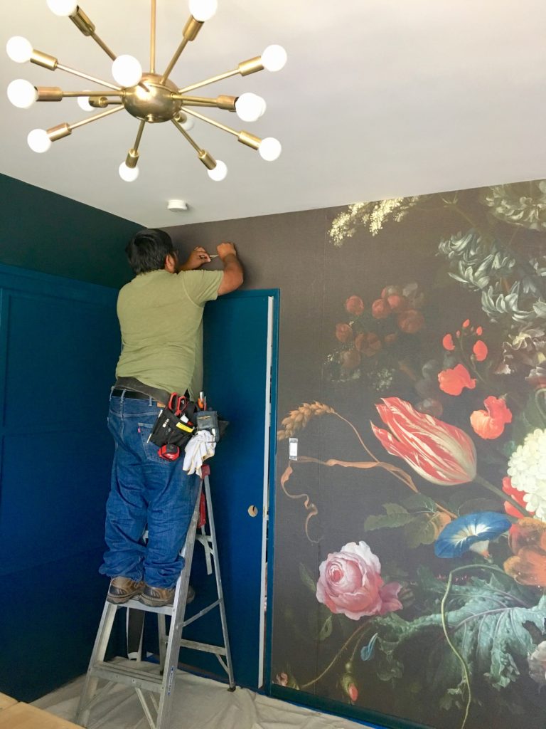 dark & moody, office makeover, one room challenge, floral, mural, wallpaper, saturated, black walls, office, floral, sophisticated, Marilynn Taylor, Orange county, interior designer, consultant, Sherwin Williams, wall mural, murals wallpaper, De Heem, Florals