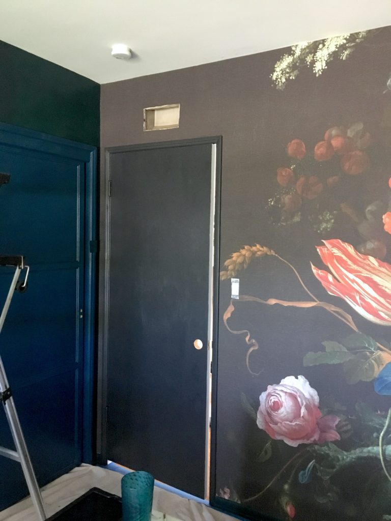dark & moody, office makeover, one room challenge, floral, mural, wallpaper, saturated, black walls, office, floral, sophisticated, Marilynn Taylor, Orange county, interior designer, consultant, Sherwin Williams, wall mural, murals wallpaper, De Heem, Florals