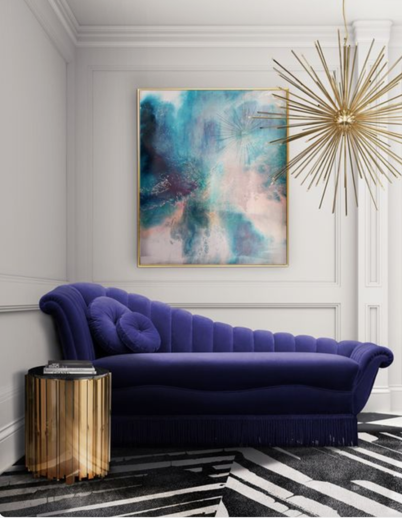 purple velvet, sofa, jewel tones, chaise, Marilyn Taylor, Marilynn Taylor, Mercedes, purple, art wall, Pantone, 2018, color of the year, purple, violet, interior design, interiors