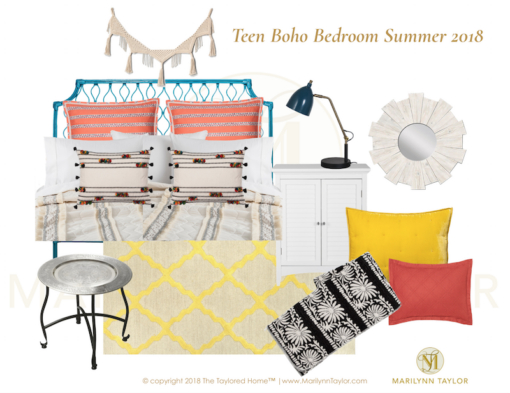 Marilyn Taylor, Marilynn Taylor, bohemian, boho, bedroom, teenager, teen decor, interior design, Target, Opalhouse, boho, World Market, Peacock headboard, rattan, downloadable, mood board, design plan