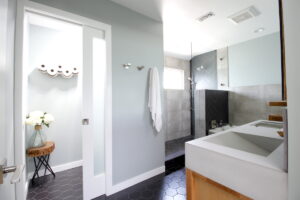 modern bathroom, contemporary, tile, concrete, walnut, Marilynn Taylor, property sisters, Los Angeles, black hex tile