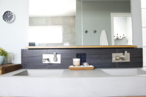 modern bathroom, contemporary, tile, concrete, walnut, Marilynn Taylor, property sisters, Los Angeles, black hex tile