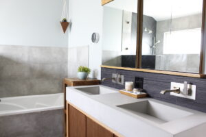 modern bathroom, contemporary, tile, concrete, walnut, Marilynn Taylor, property sisters, Los Angeles, black hex tile