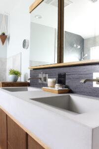 modern bathroom, contemporary, tile, concrete, walnut, Marilynn Taylor, property sisters, Los Angeles, black hex tile