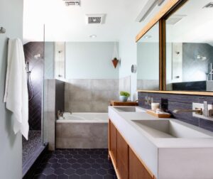 modern bathroom, contemporary, tile, concrete, walnut, Marilynn Taylor, property sisters, Los Angeles, black hex tile