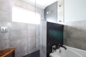 modern bathroom, contemporary, tile, concrete, walnut, Marilynn Taylor, property sisters, Los Angeles, black hex tile