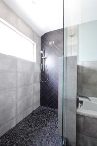 modern bathroom, contemporary, tile, concrete, walnut, Marilynn Taylor, property sisters, Los Angeles, black hex tile