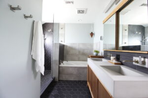 modern bathroom, contemporary, tile, concrete, walnut, Marilynn Taylor, property sisters, Los Angeles, black hex tile