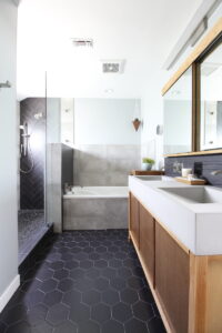 modern bathroom, contemporary, tile, concrete, walnut, Marilynn Taylor, property sisters, Los Angeles, black hex tile