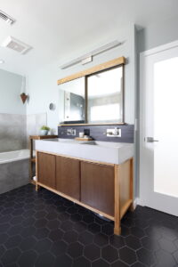 modern bathroom, contemporary, tile, concrete, walnut, Marilynn Taylor, property sisters, Los Angeles, black hex tile