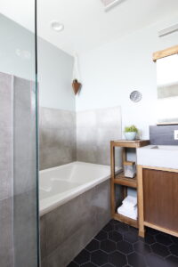 modern bathroom, contemporary, tile, concrete, walnut, Marilynn Taylor, property sisters, Los Angeles, black hex tile