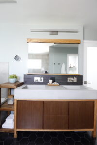 modern bathroom, contemporary, tile, concrete, walnut, Marilynn Taylor, property sisters, Los Angeles, black hex tile