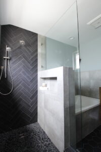 modern bathroom, contemporary, tile, concrete, walnut, Marilynn Taylor, property sisters, Los Angeles, black hex tile