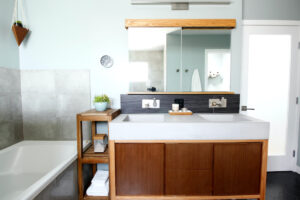 modern bathroom, contemporary, tile, concrete, walnut, Marilynn Taylor, property sisters, Los Angeles, black hex tile