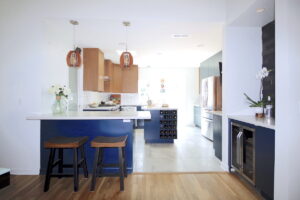 contemporary kitchen, kitchen design, navy cabinets, mixed materials, modern, Los Angeles, Marilynn Taylor, Property Sisters, walnut, semihandmade