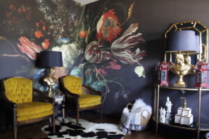 Dark, moody, office, maximalism, floral, wallpaper, one room challenge, dark paint, stencil, Marilynn Taylor, house beautiful